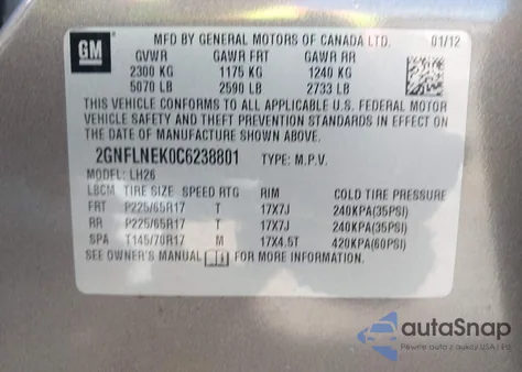 2012 Chevrolet Equinox 2Lt z USA, uszkodzony, nr VIN 2GNFLNEK0C6238801